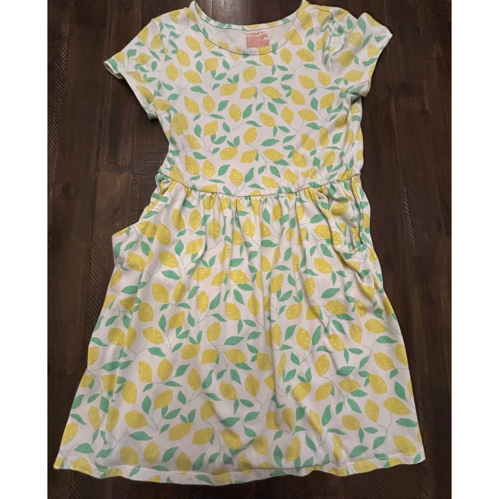 Cat & Jack Dress XL (14) White Yellow Excellent Lemon Print Short Sleeve Knit